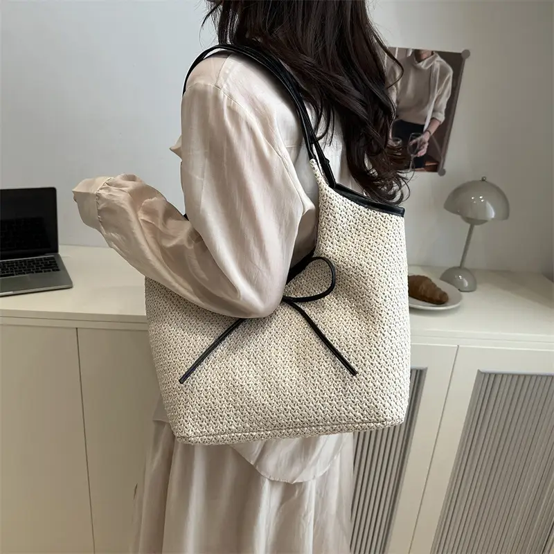 Women's Straw Shoulder Bag with Brown Leather Trim — feature 27
