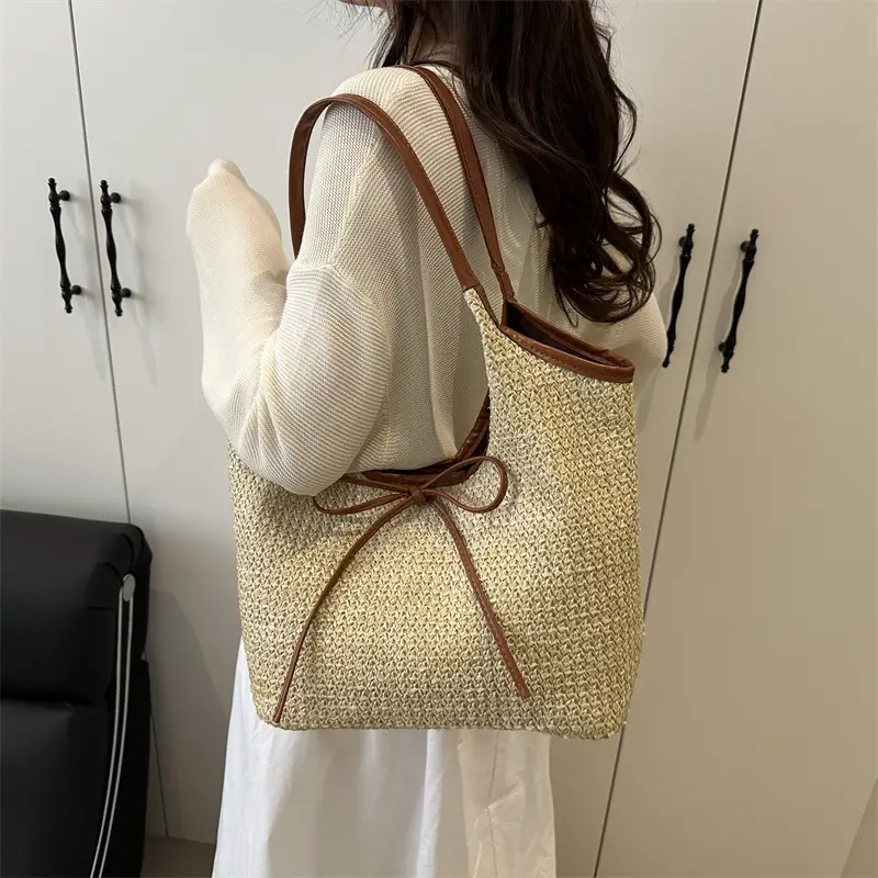 Women's Straw Shoulder Bag with Brown Leather Trim — feature 28