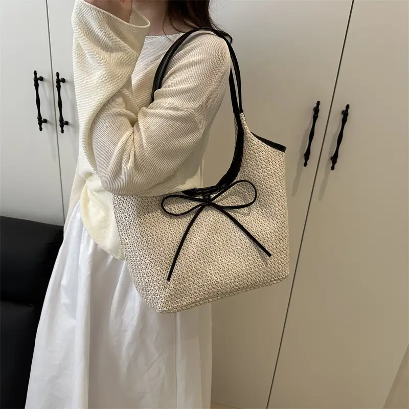 Women's Straw Shoulder Bag with Brown Leather Trim — feature 29