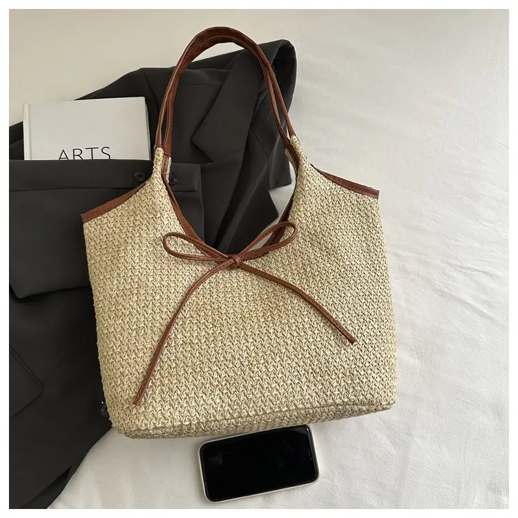 Women's Straw Shoulder Bag with Brown Leather Trim — feature 5