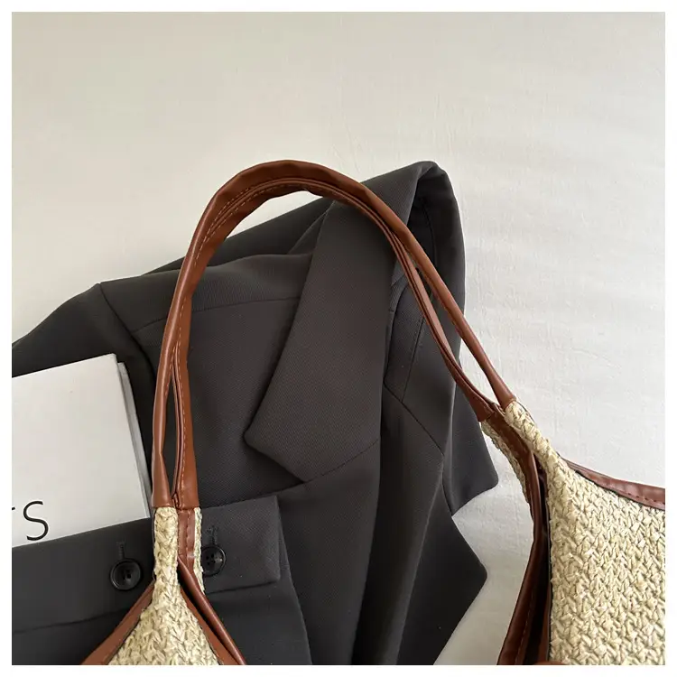 Women's Straw Shoulder Bag with Brown Leather Trim — feature 7