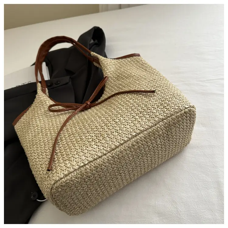Women's Straw Shoulder Bag with Brown Leather Trim — feature 8