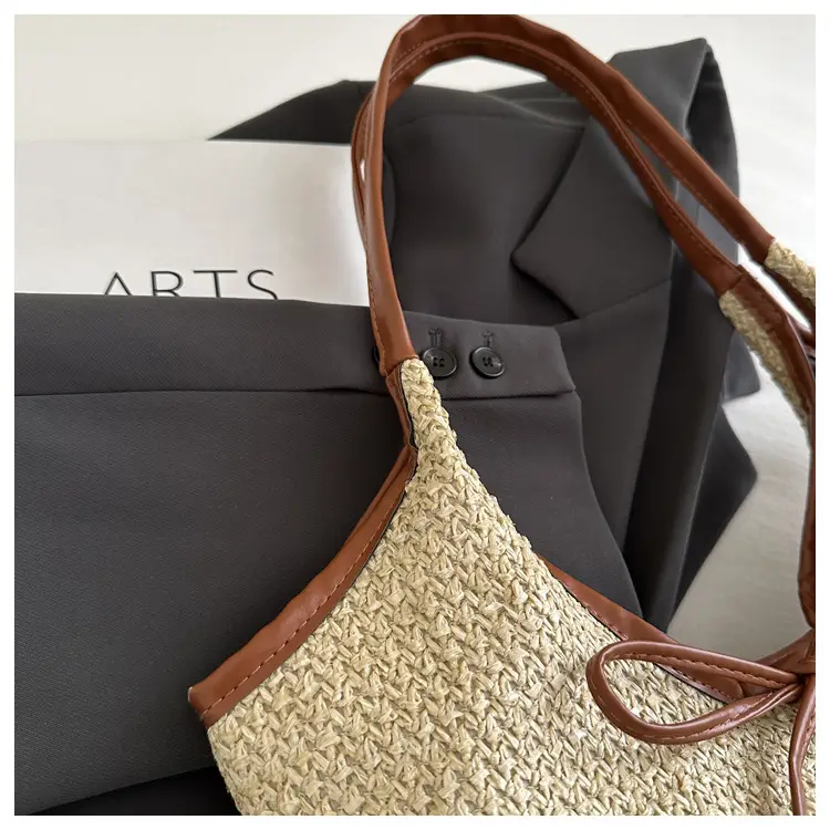 Women's Straw Shoulder Bag with Brown Leather Trim — feature 9
