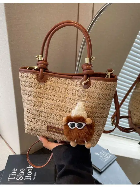 Women Woven Straw Tote Bag with Teddy Bear Charm - Image 6