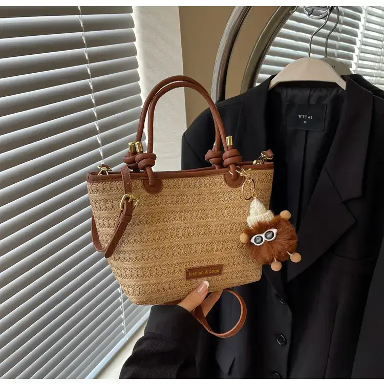 Women Woven Straw Tote Bag with Teddy Bear Charm — feature 12