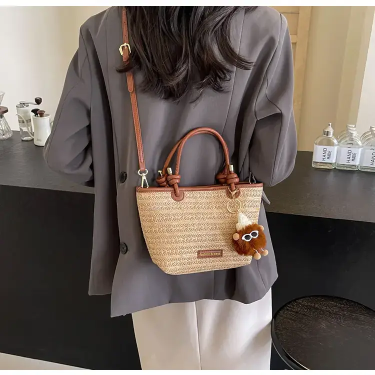 Women Woven Straw Tote Bag with Teddy Bear Charm — feature 19