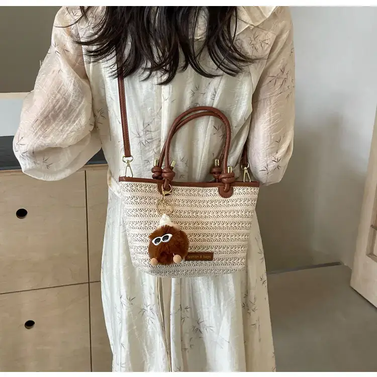 Women Woven Straw Tote Bag with Teddy Bear Charm — feature 24