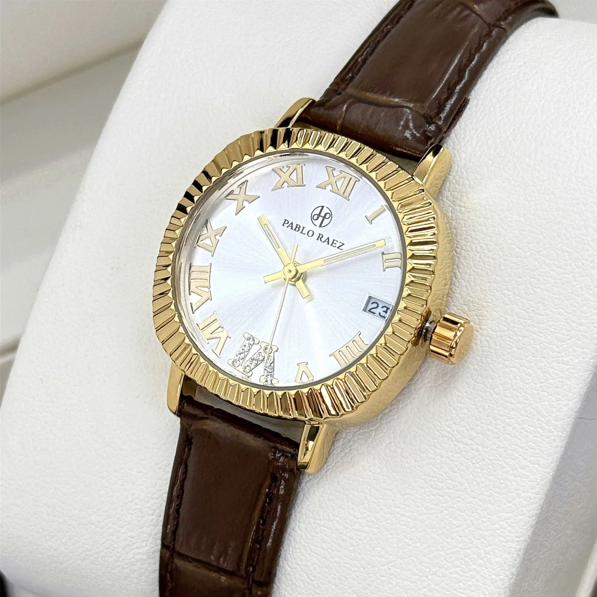 Women's Gold Plated Watch with Brown Leather Strap - Image 3