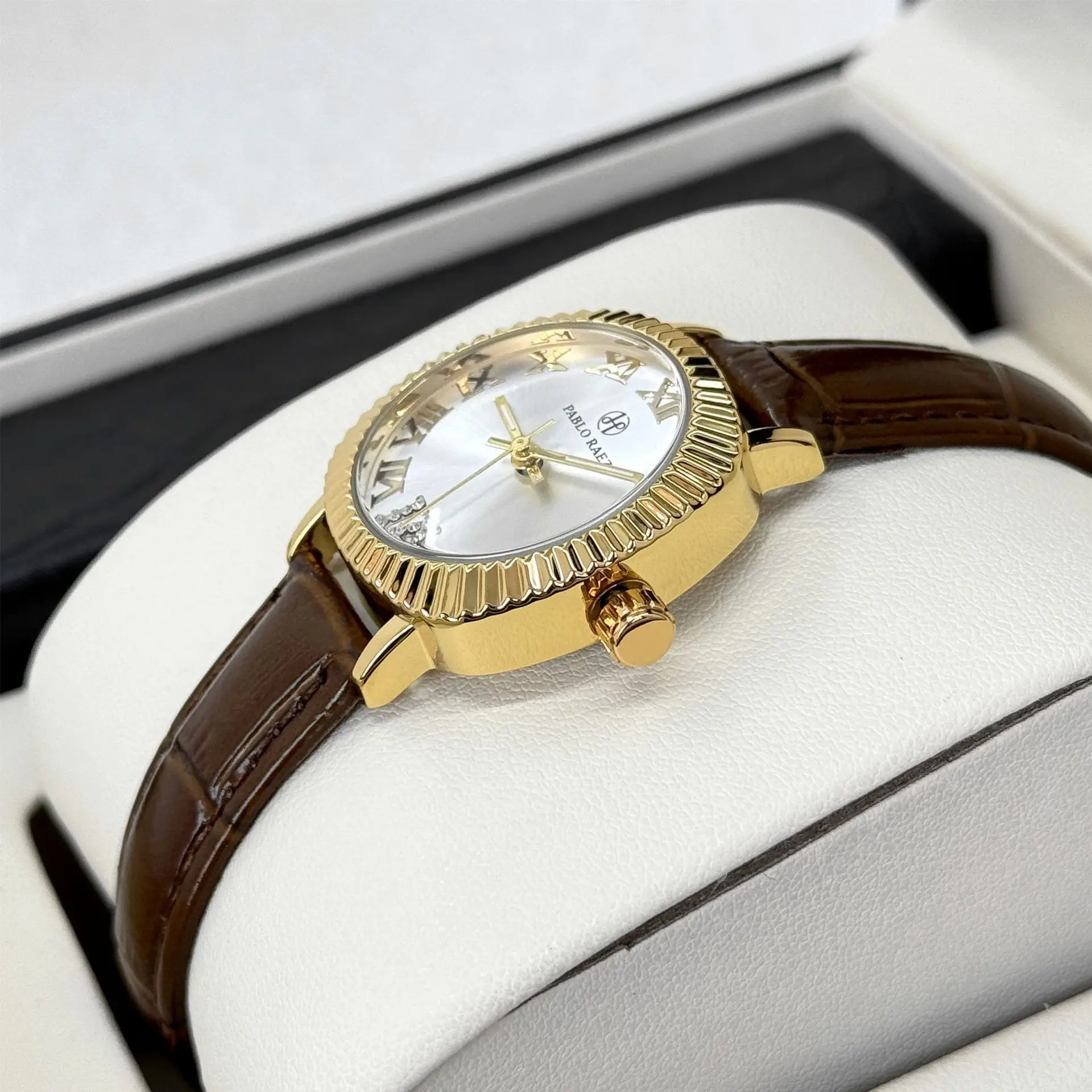 Women's Gold Plated Watch with Brown Leather Strap - Image 4