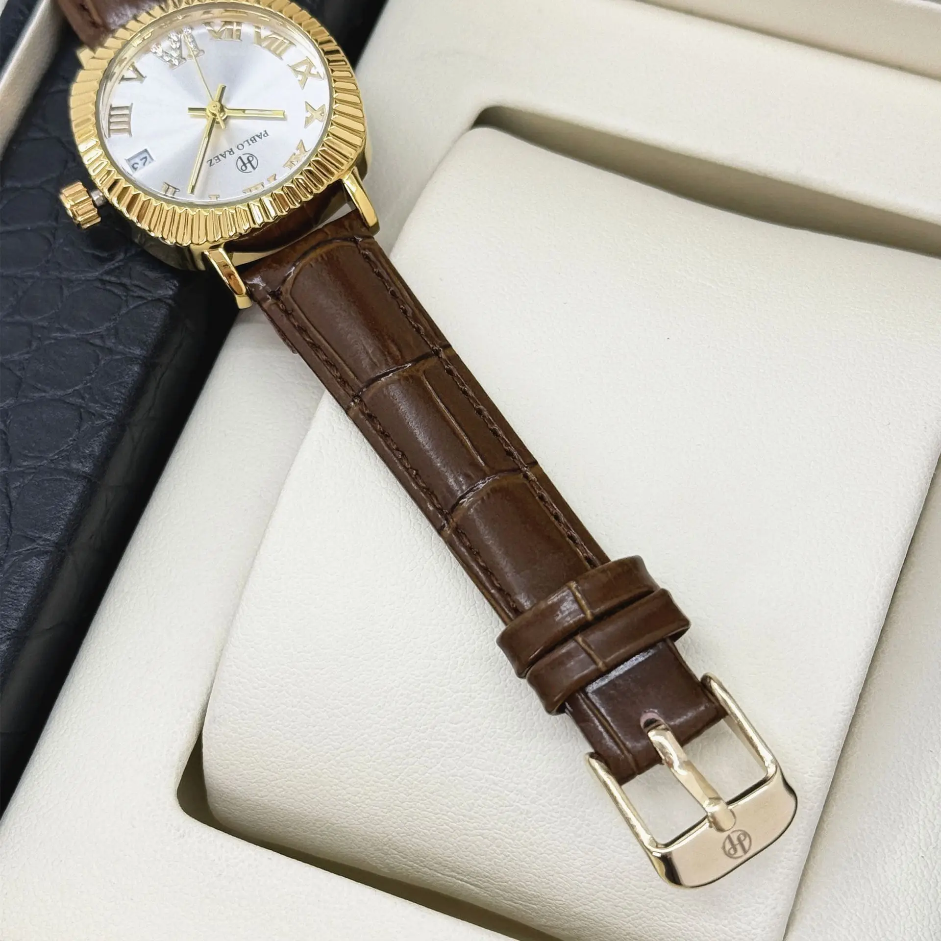 Women's Gold Plated Watch with Brown Leather Strap - Image 5