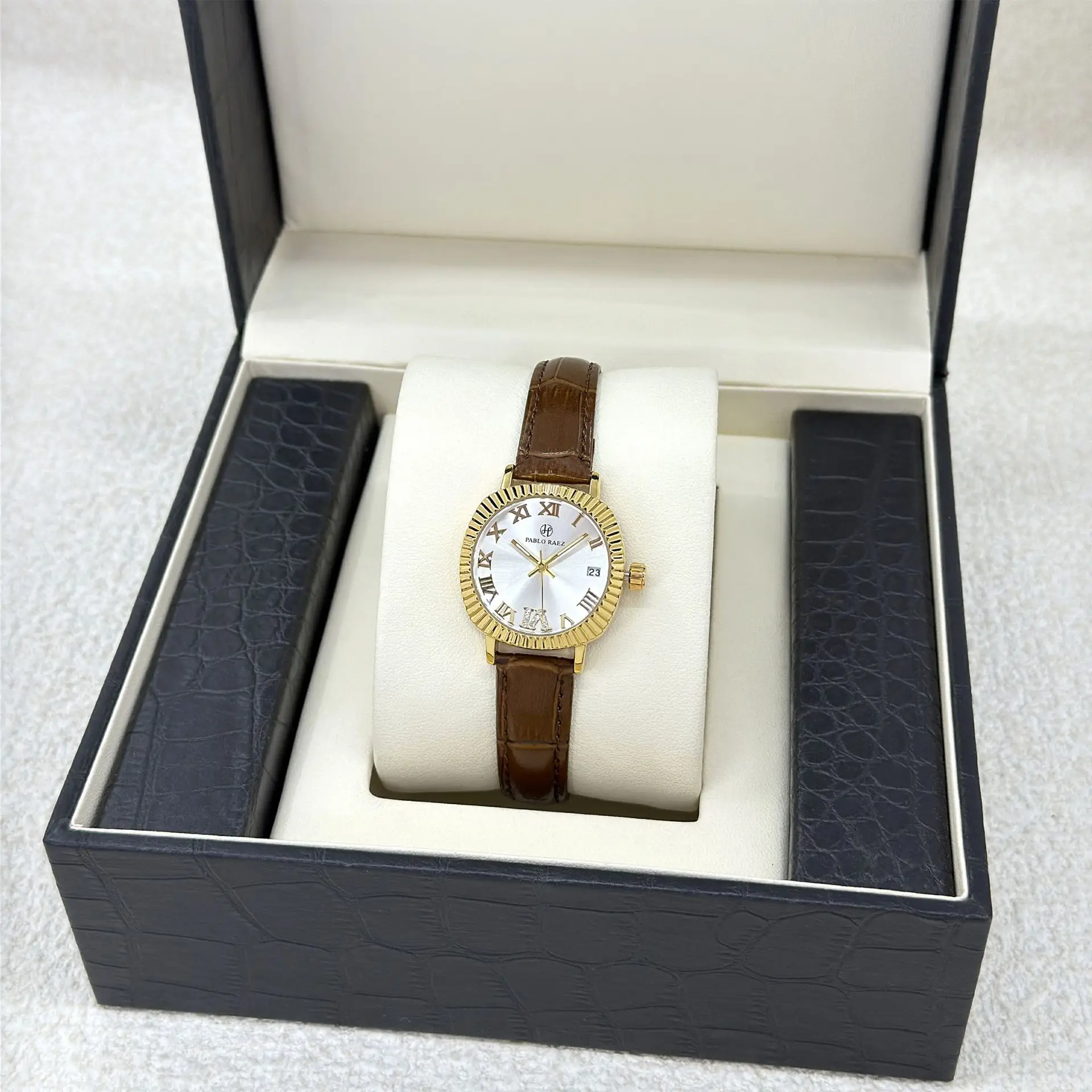 Women's Gold Plated Watch with Brown Leather Strap - Image 6