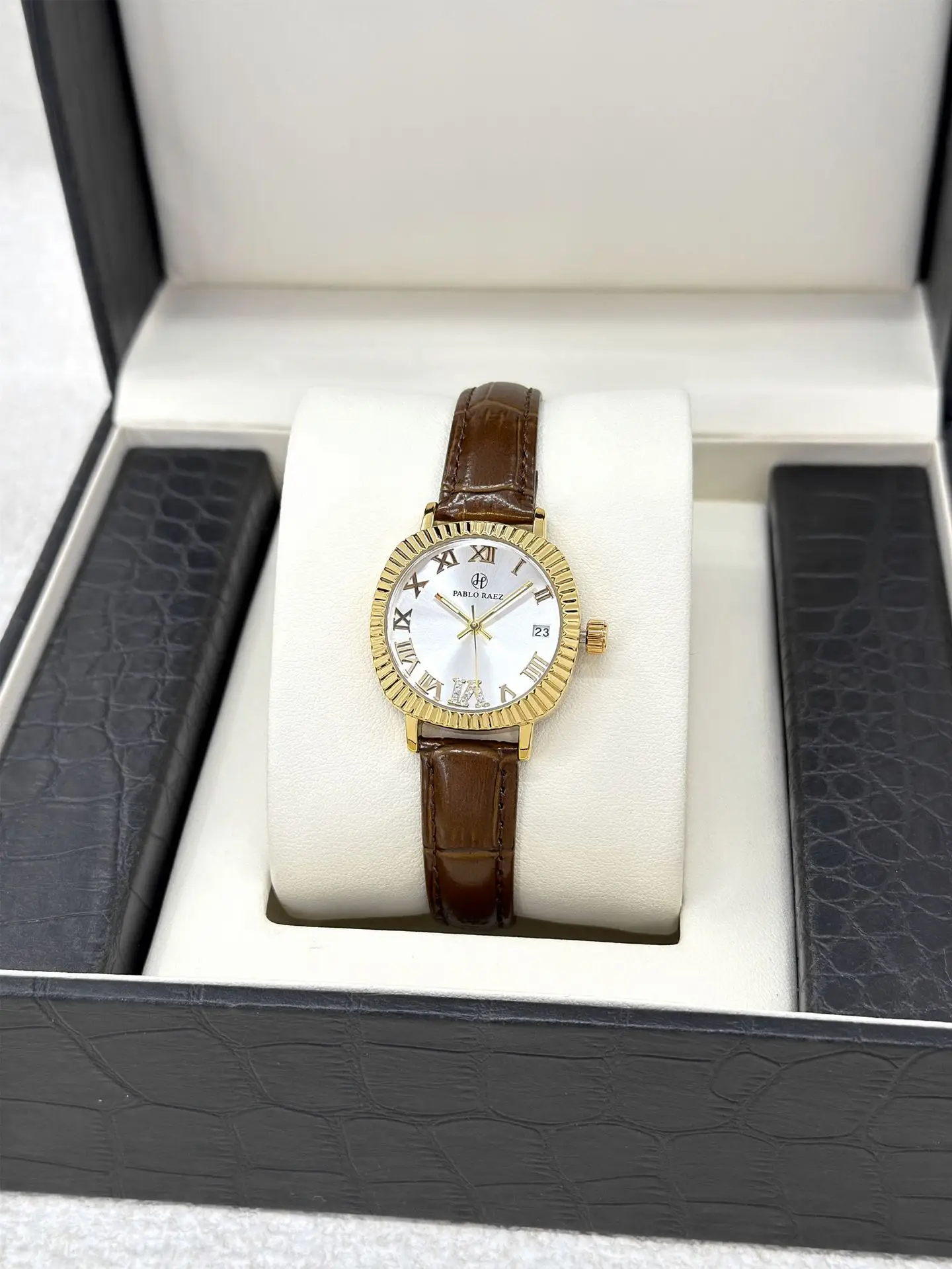 Women's Gold Plated Watch with Brown Leather Strap — feature 10