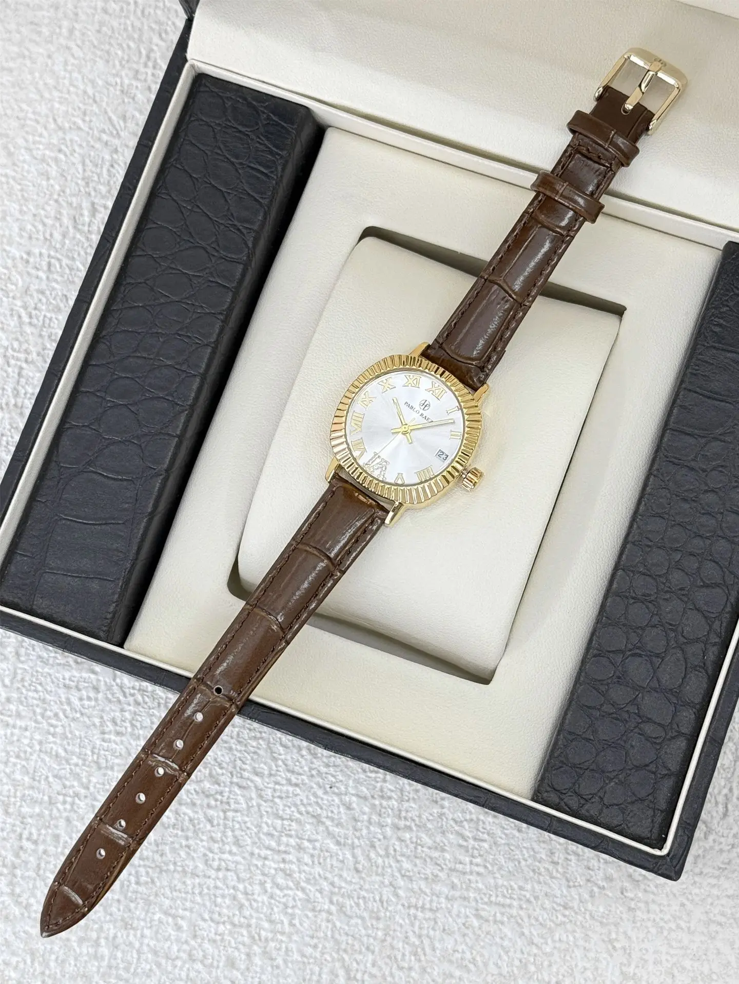 Women's Gold Plated Watch with Brown Leather Strap — feature 11