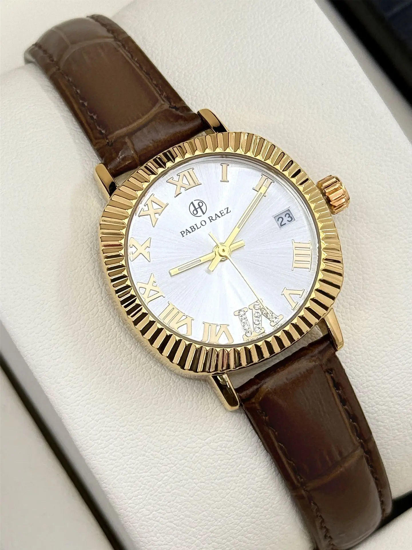 Women's Gold Plated Watch with Brown Leather Strap — feature 12