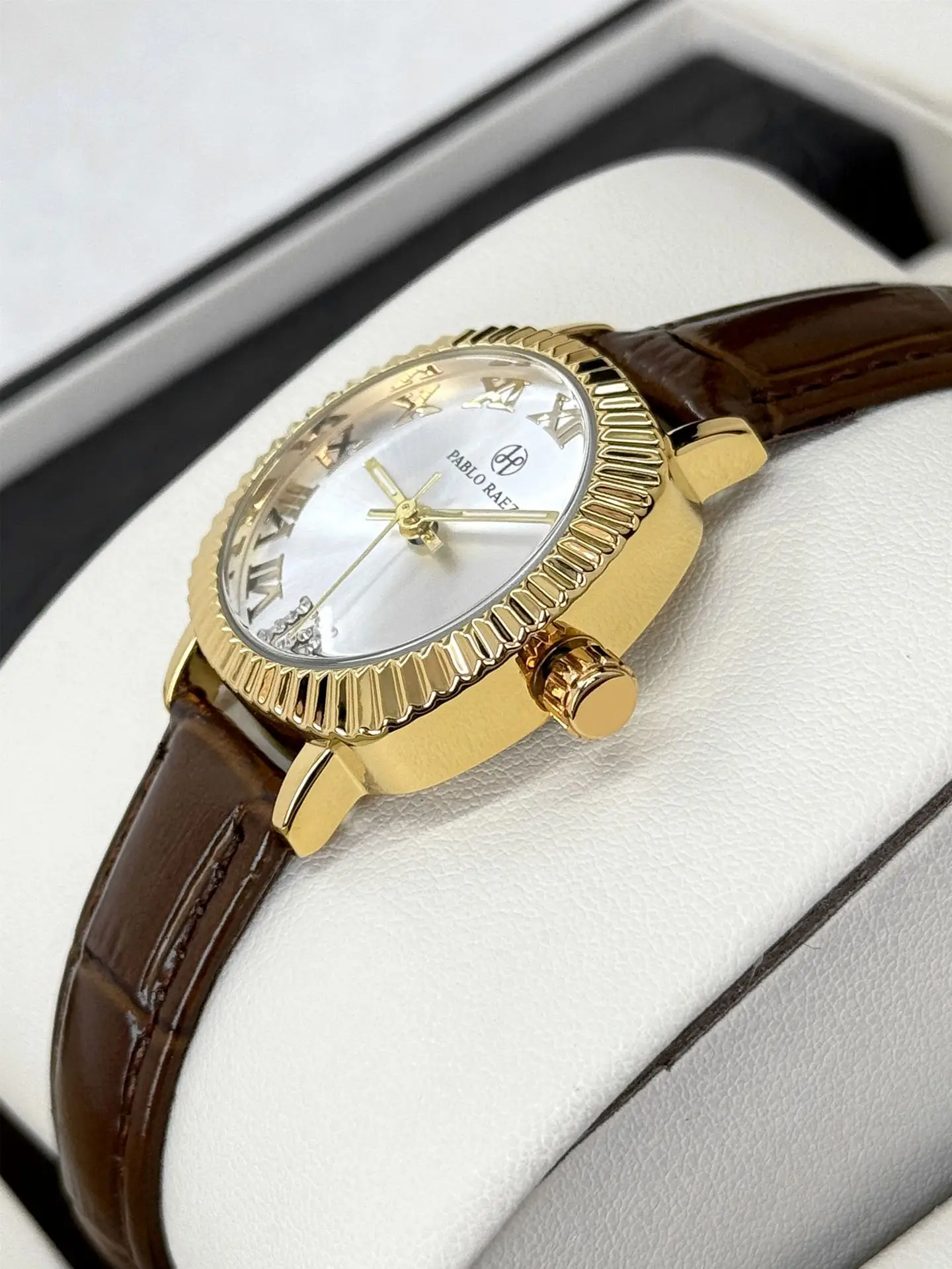 Women's Gold Plated Watch with Brown Leather Strap — feature 13
