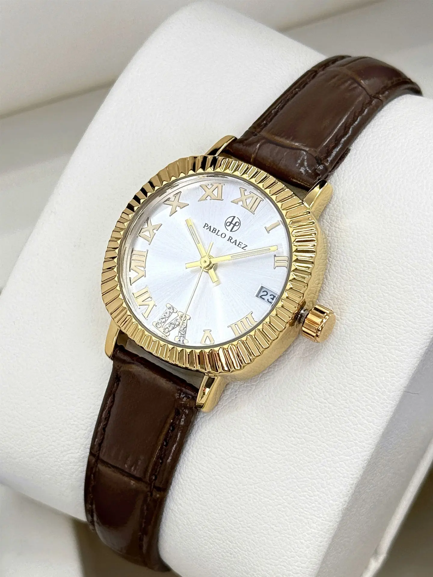 Women's Gold Plated Watch with Brown Leather Strap — feature 14