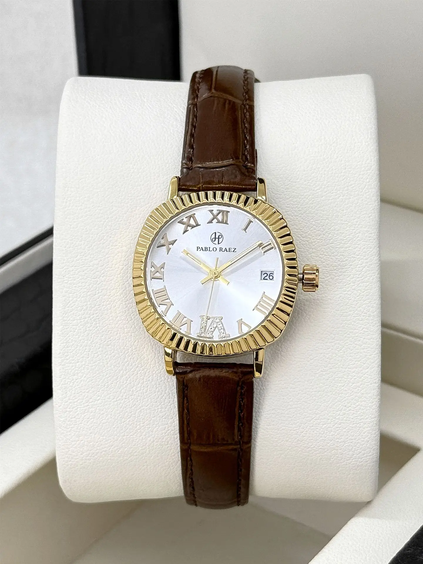 Women's Gold Plated Watch with Brown Leather Strap — feature 15