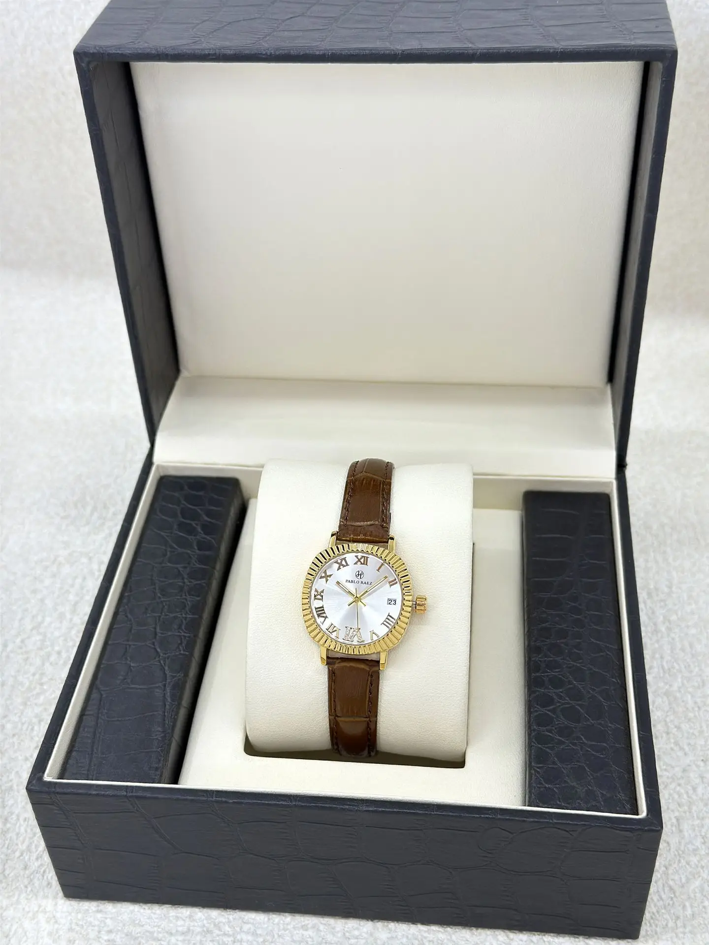 Women's Gold Plated Watch with Brown Leather Strap — feature 4