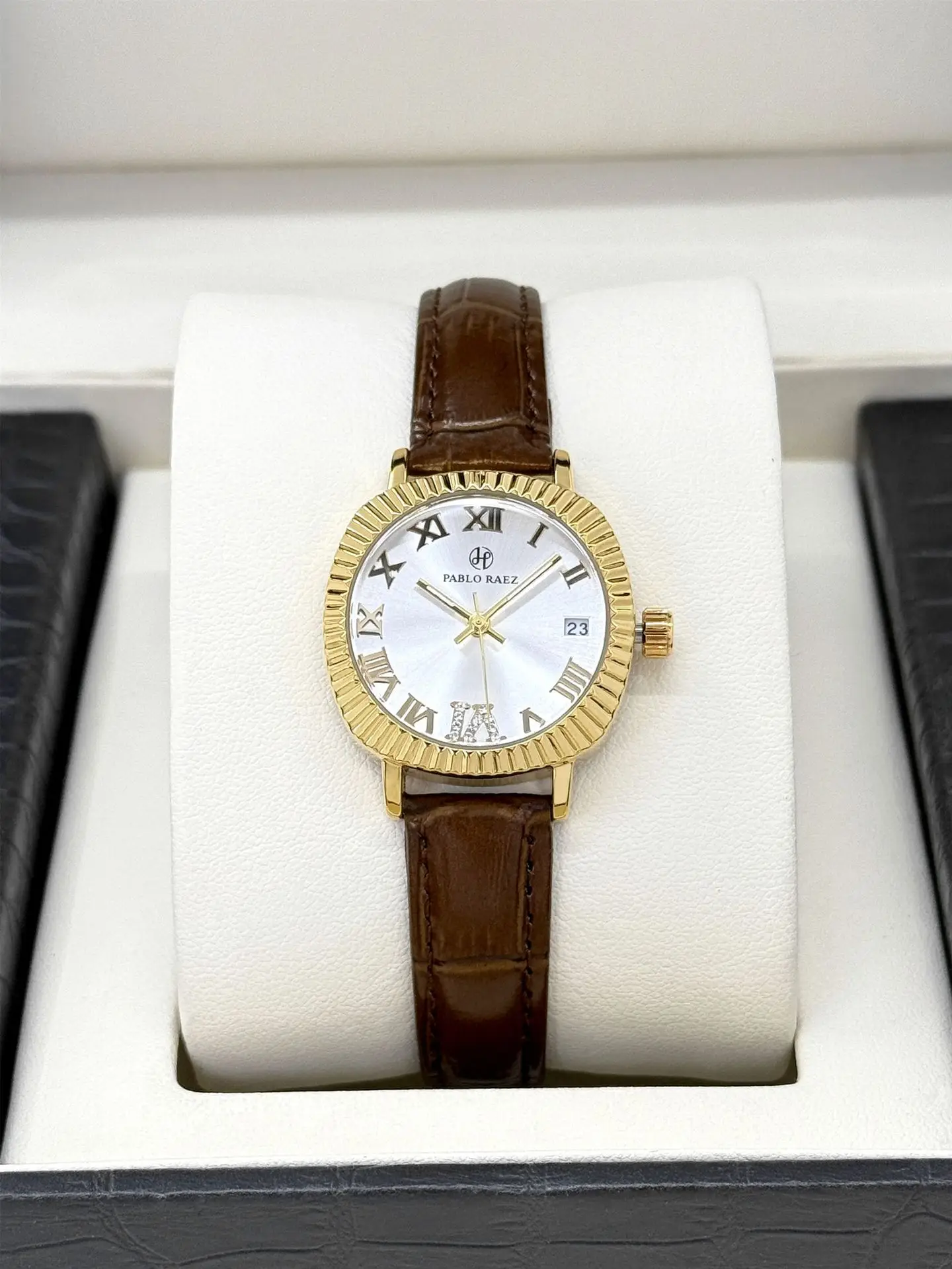 Women's Gold Plated Watch with Brown Leather Strap — feature 6