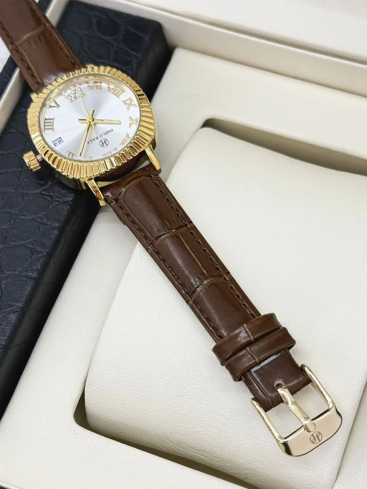 Women's Gold Plated Watch with Brown Leather Strap — feature 7