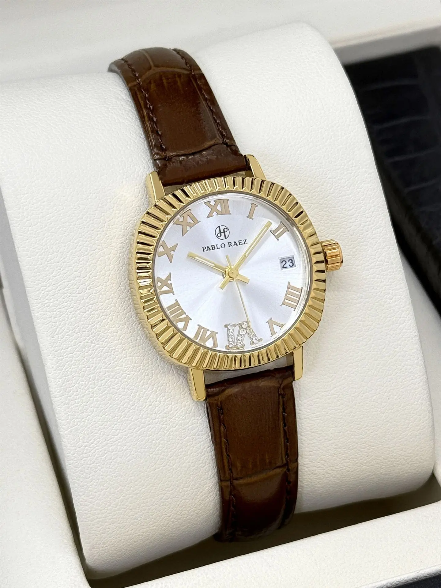 Women's Gold Plated Watch with Brown Leather Strap — feature 9