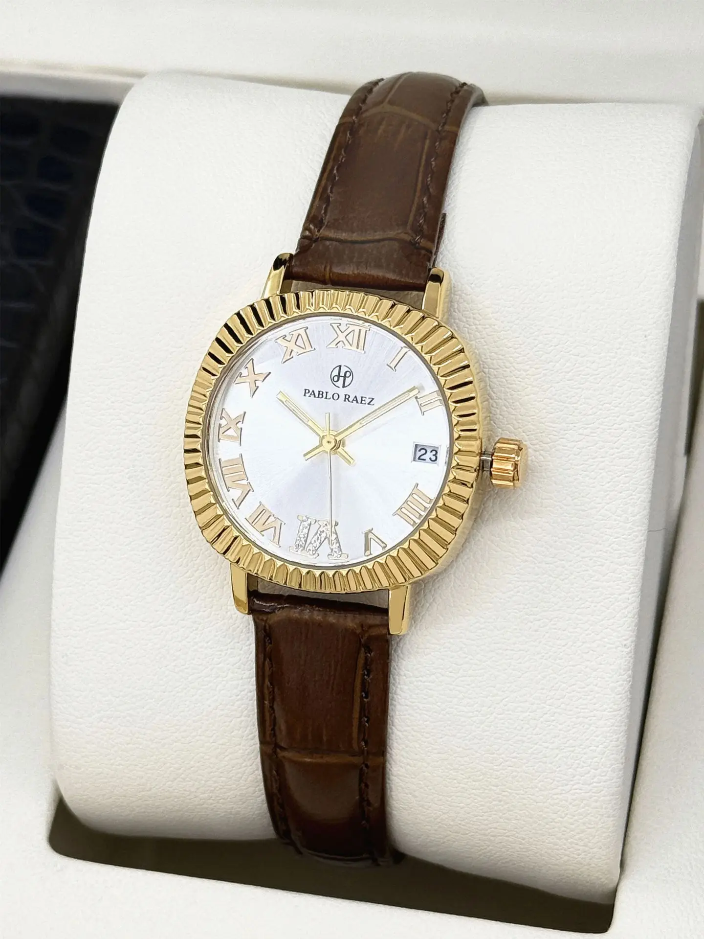 Women's Gold Plated Watch with Brown Leather Strap - Image 2