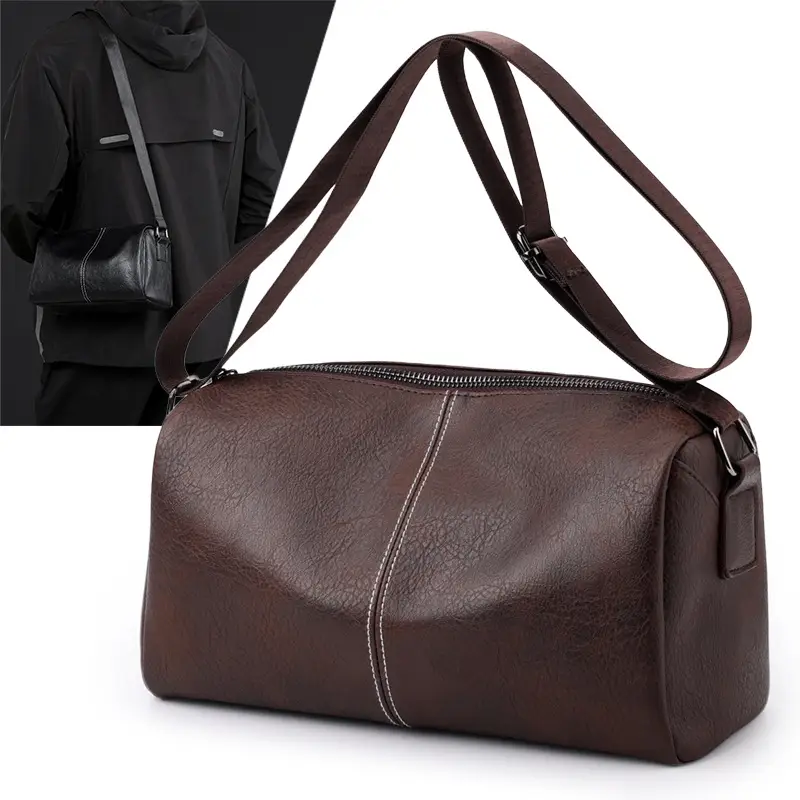 New Men's Lightweight Leather Crossbody Bag Black - Image 5