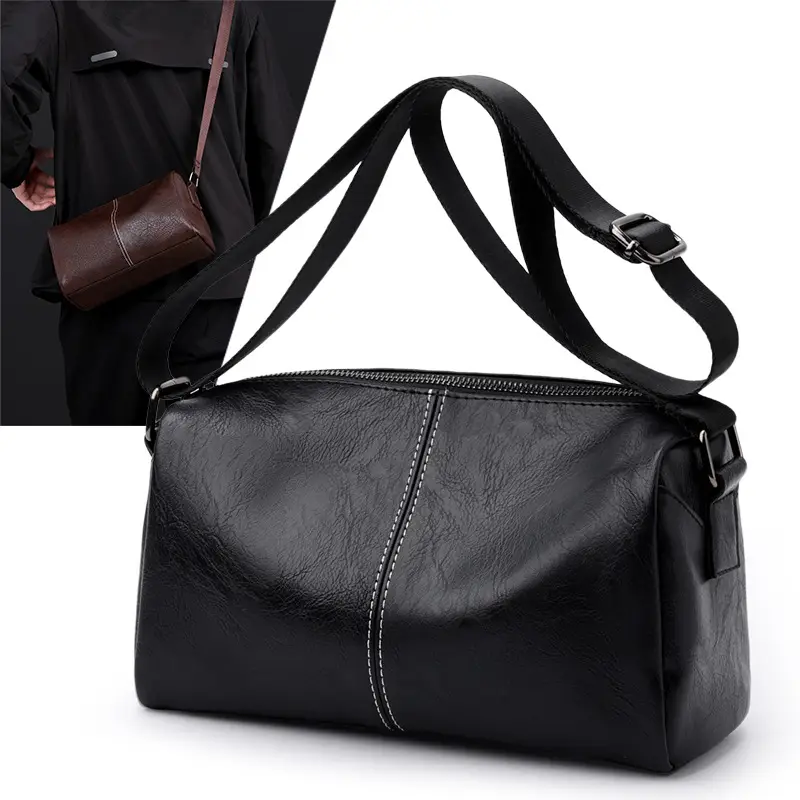New Men's Lightweight Leather Crossbody Bag Black - Image 6