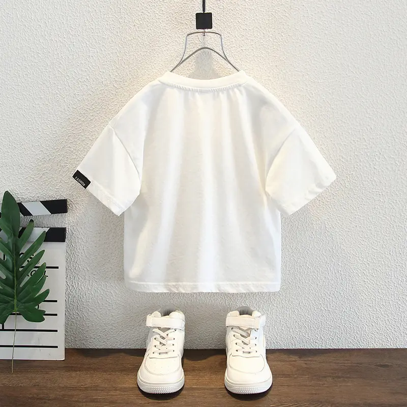 Boys White Short Sleeve T-Shirt Set Summer Wear - Image 3