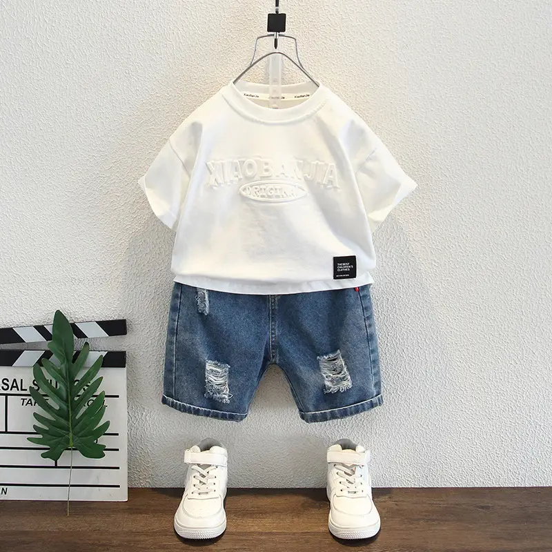 Boys White Short Sleeve T-Shirt Set Summer Wear - Image 4