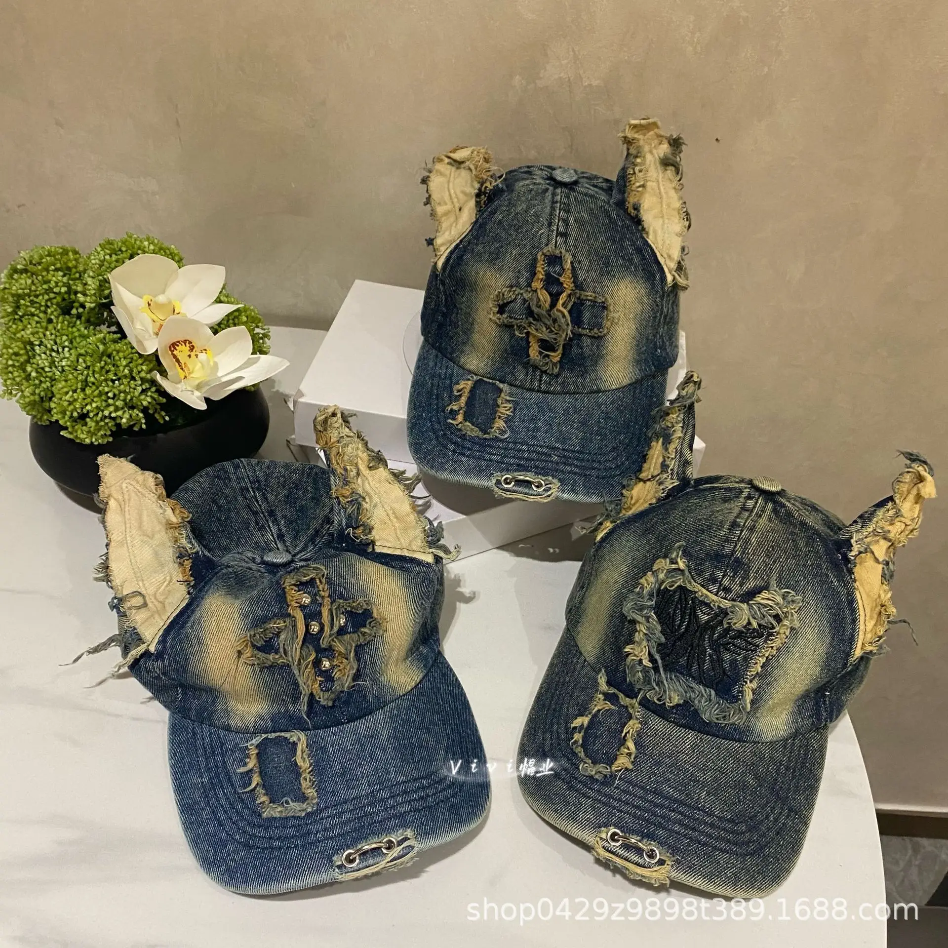 American Retro Denim Baseball Cap with Frayed Ears - Image 4