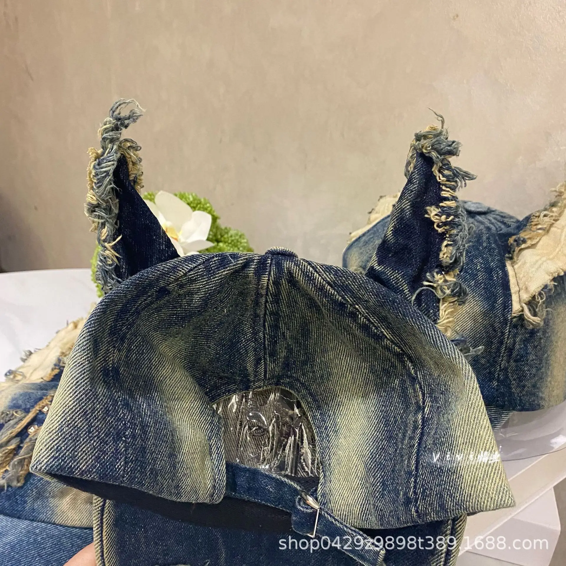American Retro Denim Baseball Cap with Frayed Ears - Image 6