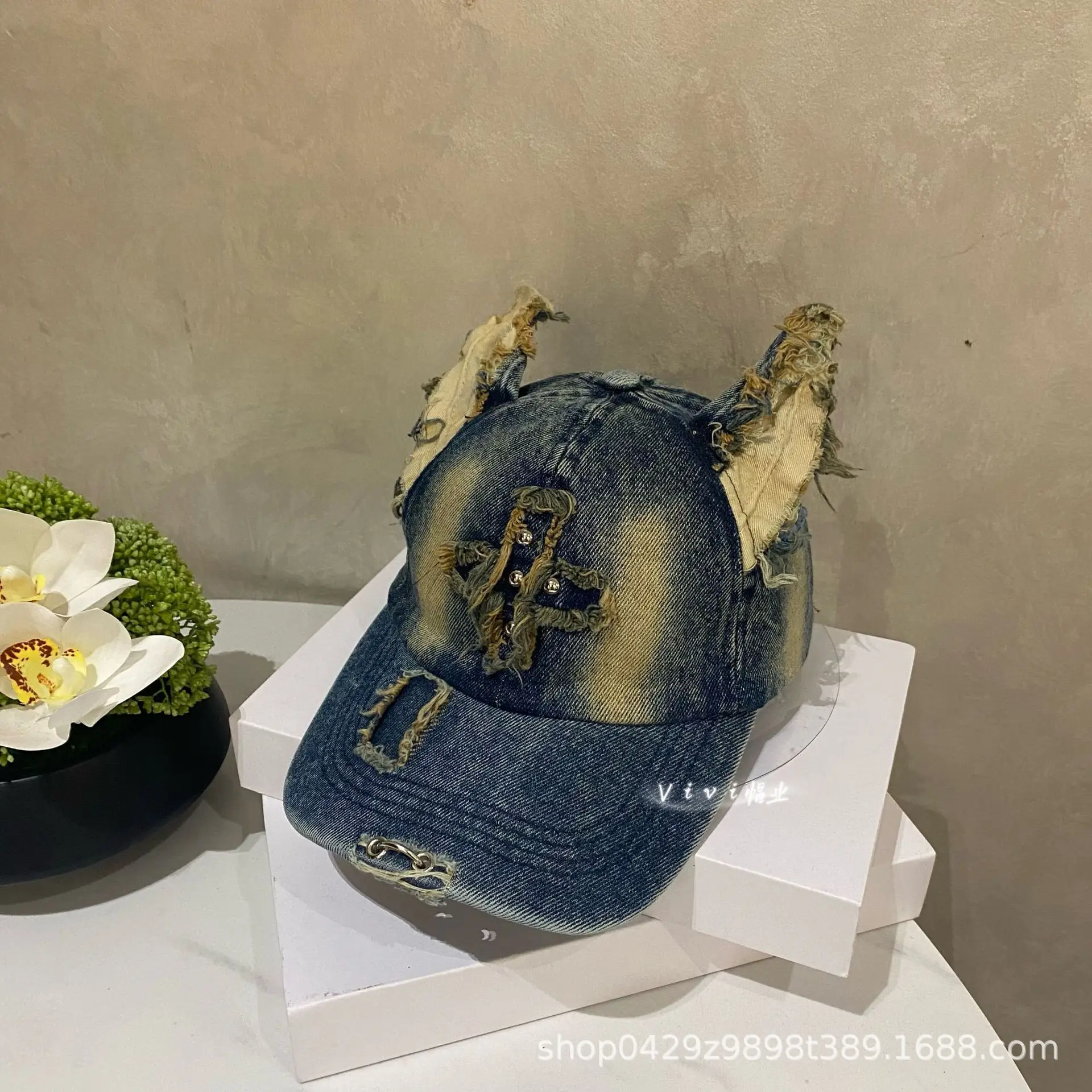 American Retro Denim Baseball Cap with Frayed Ears - Image 2