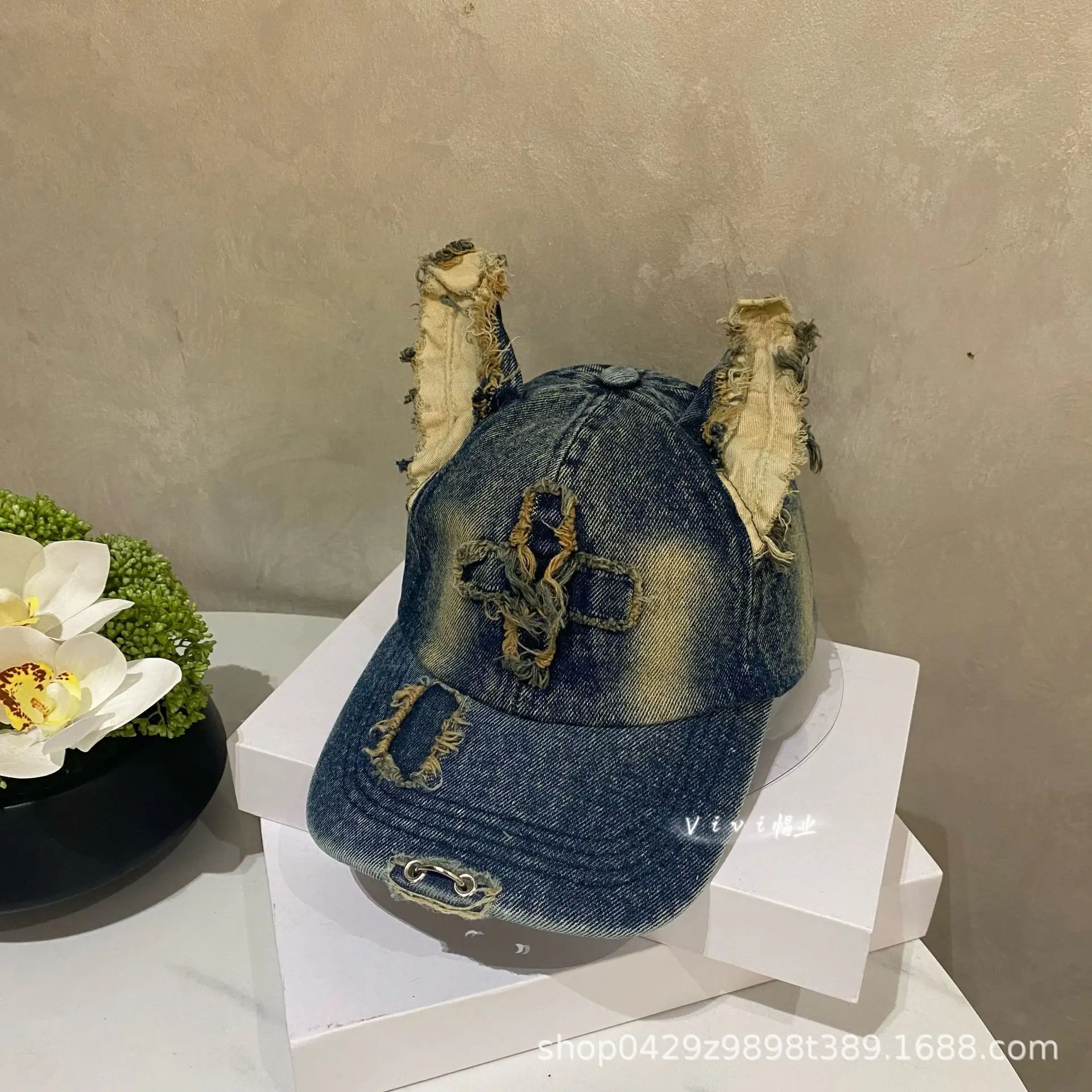 American Retro Denim Baseball Cap with Frayed Ears - Image 3