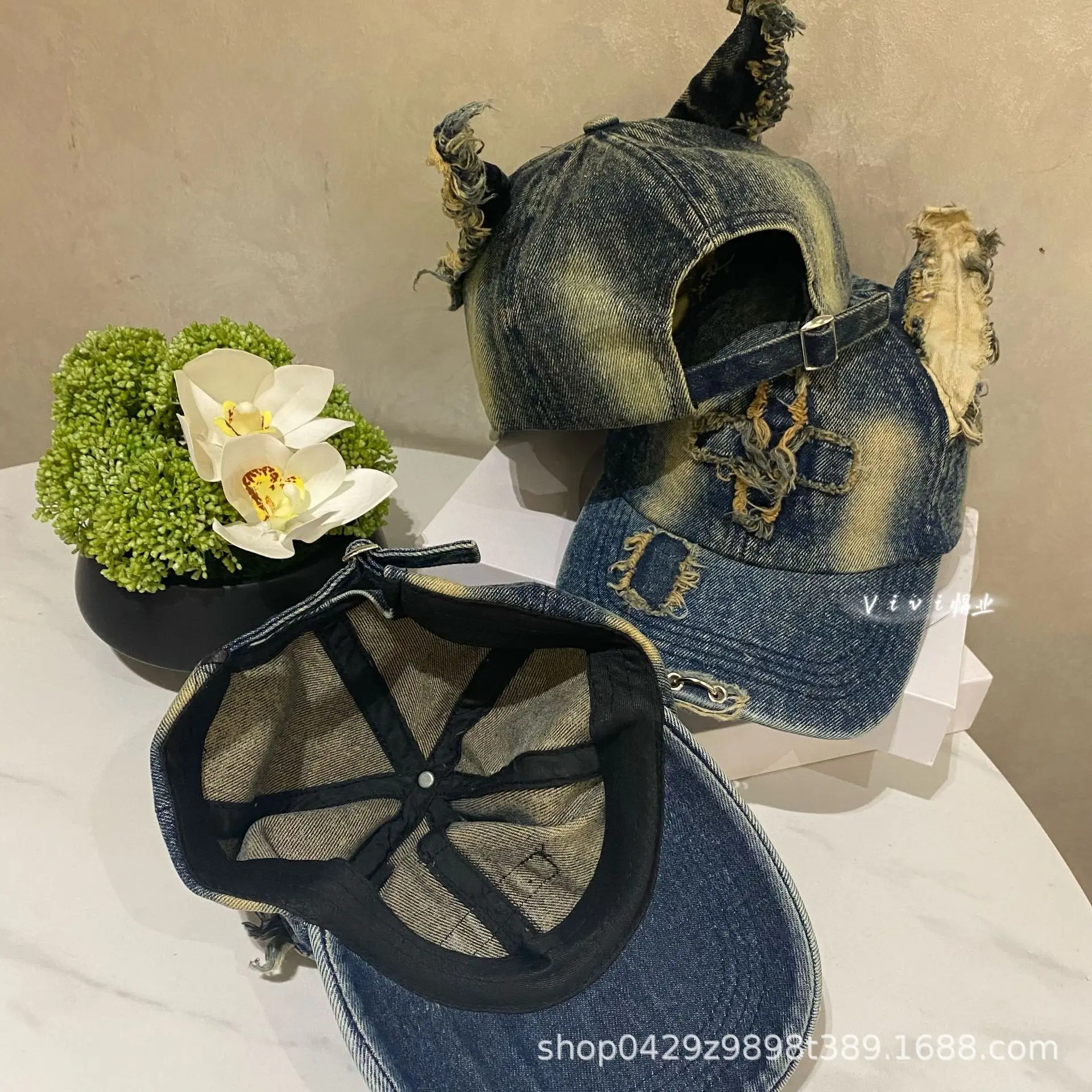 American Retro Denim Baseball Cap with Frayed Ears — feature 3