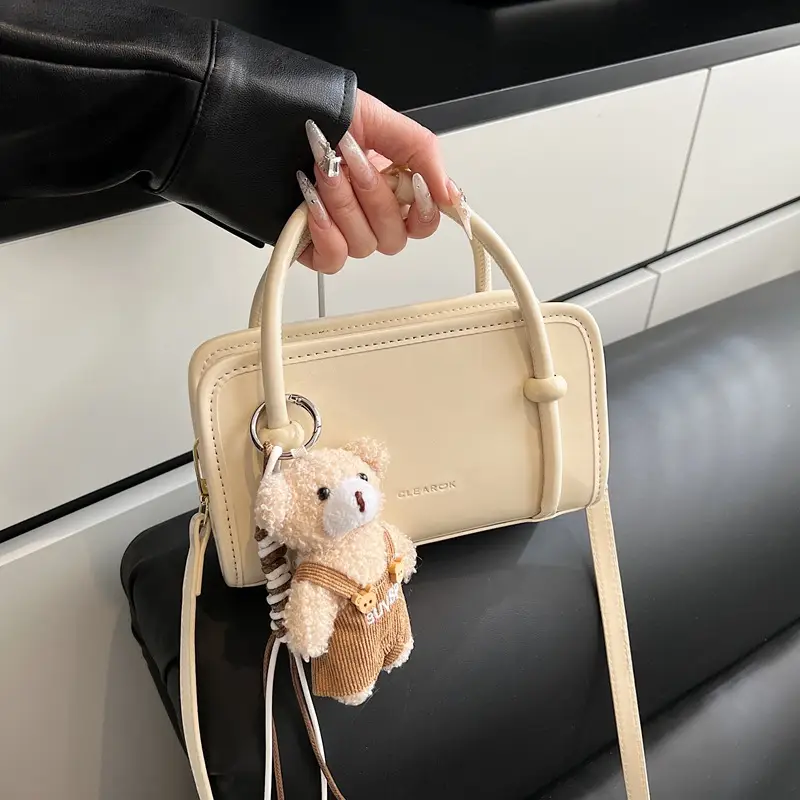 Cute Girl's Square Bag with Teddy Bear Keychain - Image 5