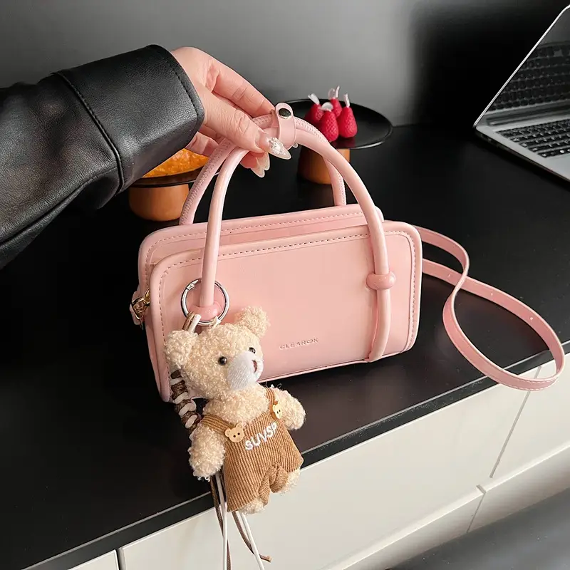 Cute Girl's Square Bag with Teddy Bear Keychain - Image 6
