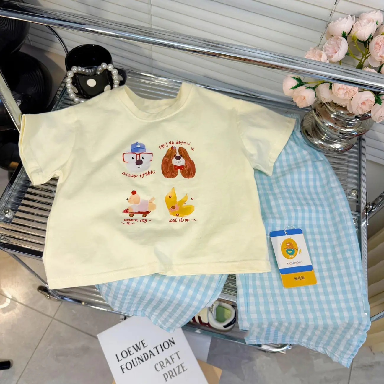 Korean Girls Cartoon T-Shirt Yellow Check Pants 2025 - Image 2
