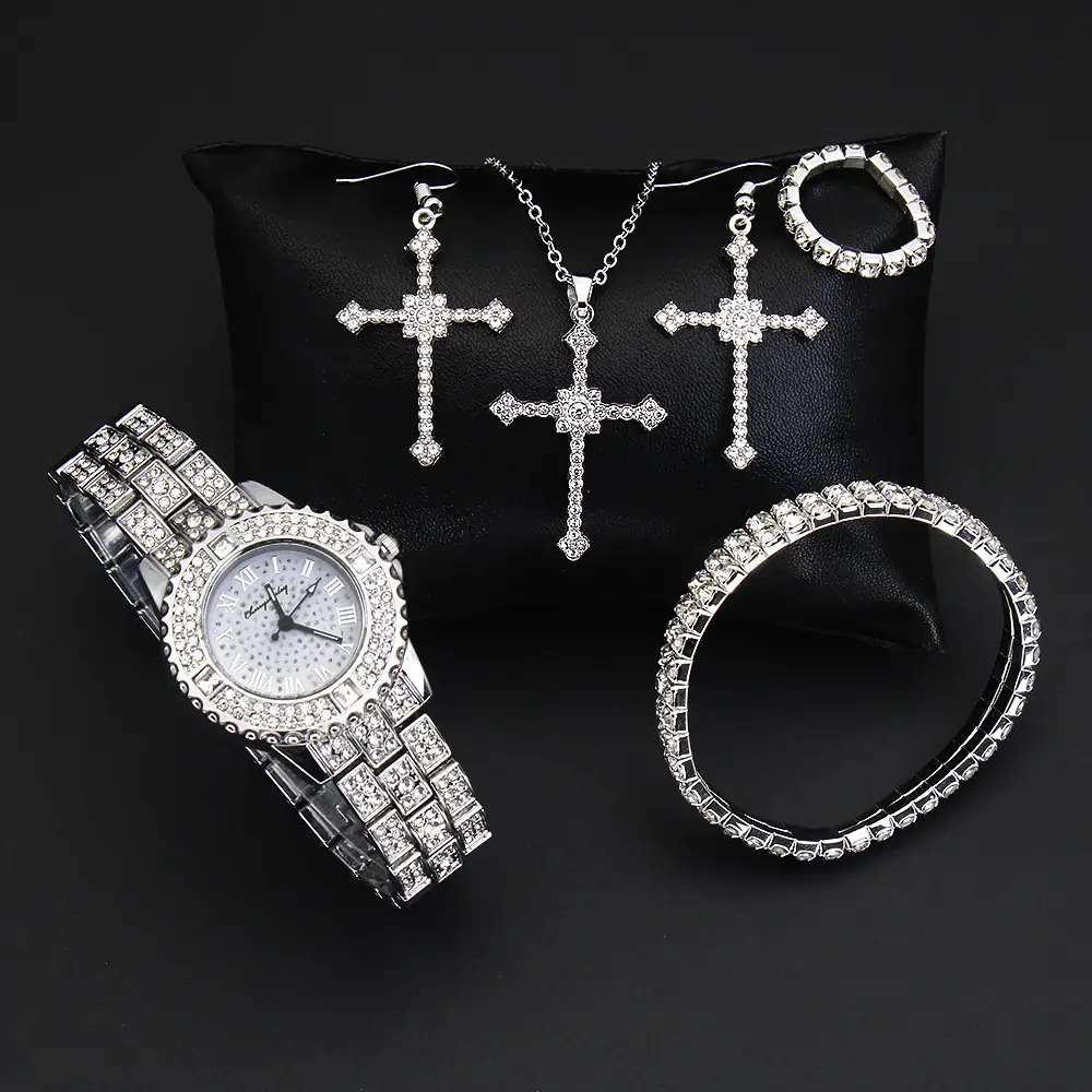 British Women's Diamond Watch Set with Cross Earrings