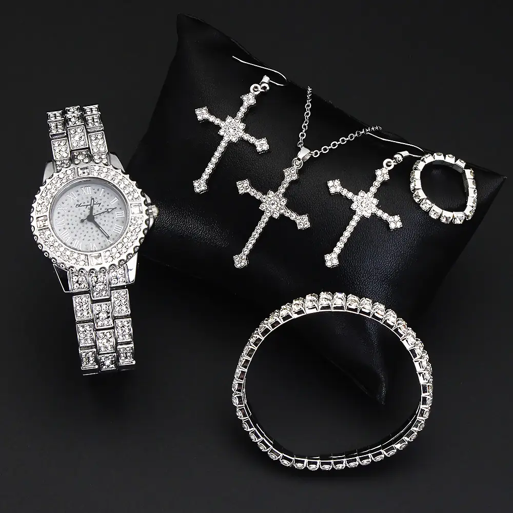 British Women's Diamond Watch Set with Cross Earrings