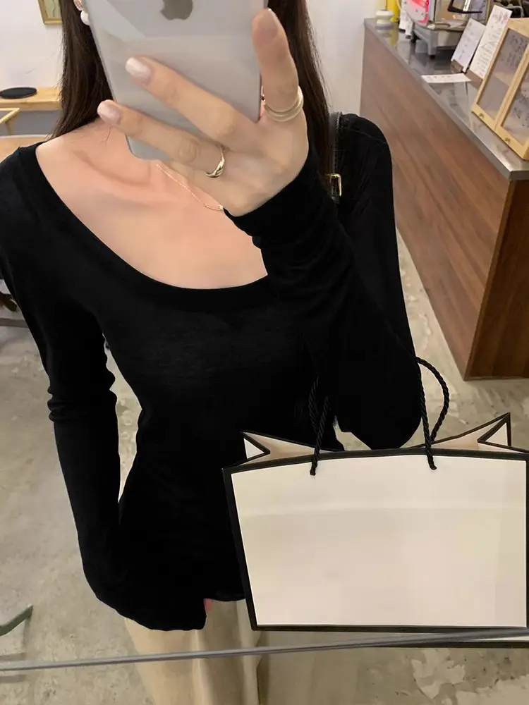 Tencel Skin-Friendly White Low Round Neck Bottoming Shirt Pure Lust Sexy Long-Sleeved T-Shirt Women's Autumn New Slim Inner Top
