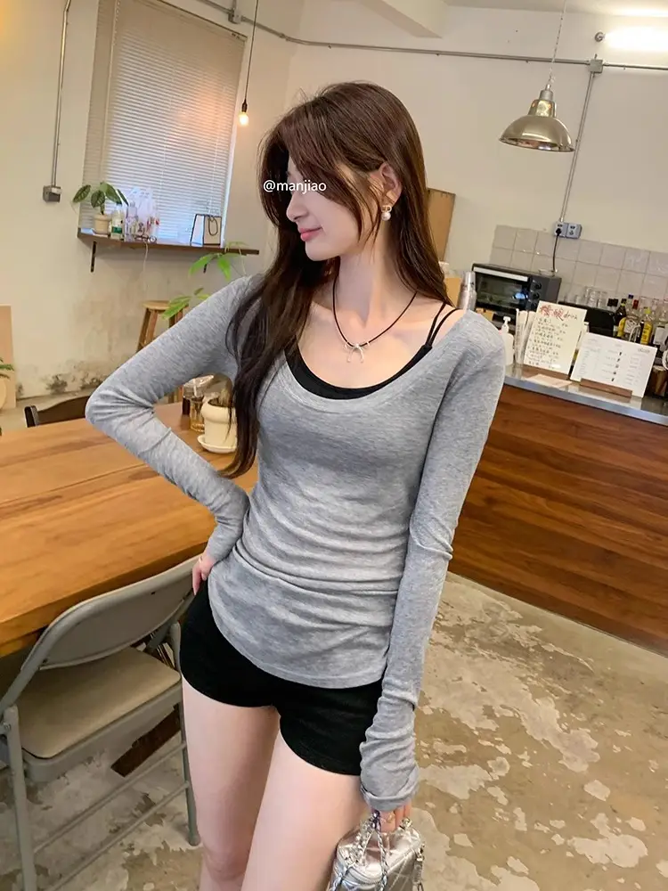 Tencel Skin-Friendly White Low Round Neck Bottoming Shirt Pure Lust Sexy Long-Sleeved T-Shirt Women's Autumn New Slim Inner Top