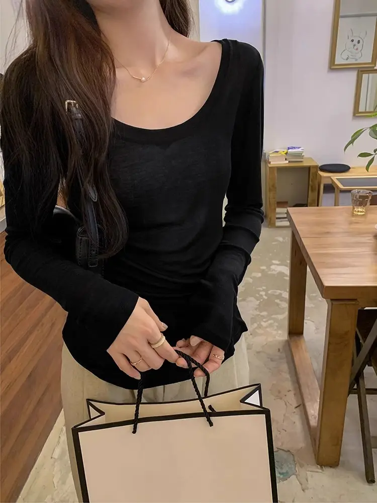 Tencel Skin-Friendly White Low Round Neck Bottoming Shirt Pure Lust Sexy Long-Sleeved T-Shirt Women's Autumn New Slim Inner Top