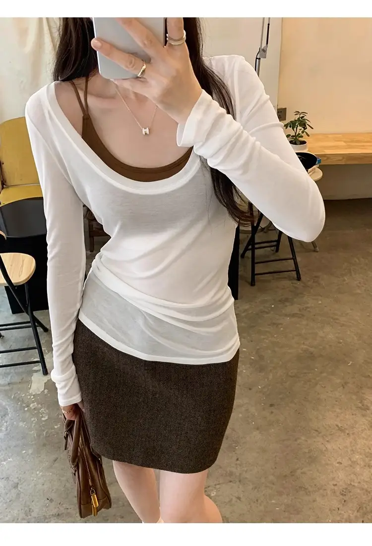 Tencel Skin-Friendly White Low Round Neck Bottoming Shirt Pure Lust Sexy Long-Sleeved T-Shirt Women's Autumn New Slim Inner Top — feature 11