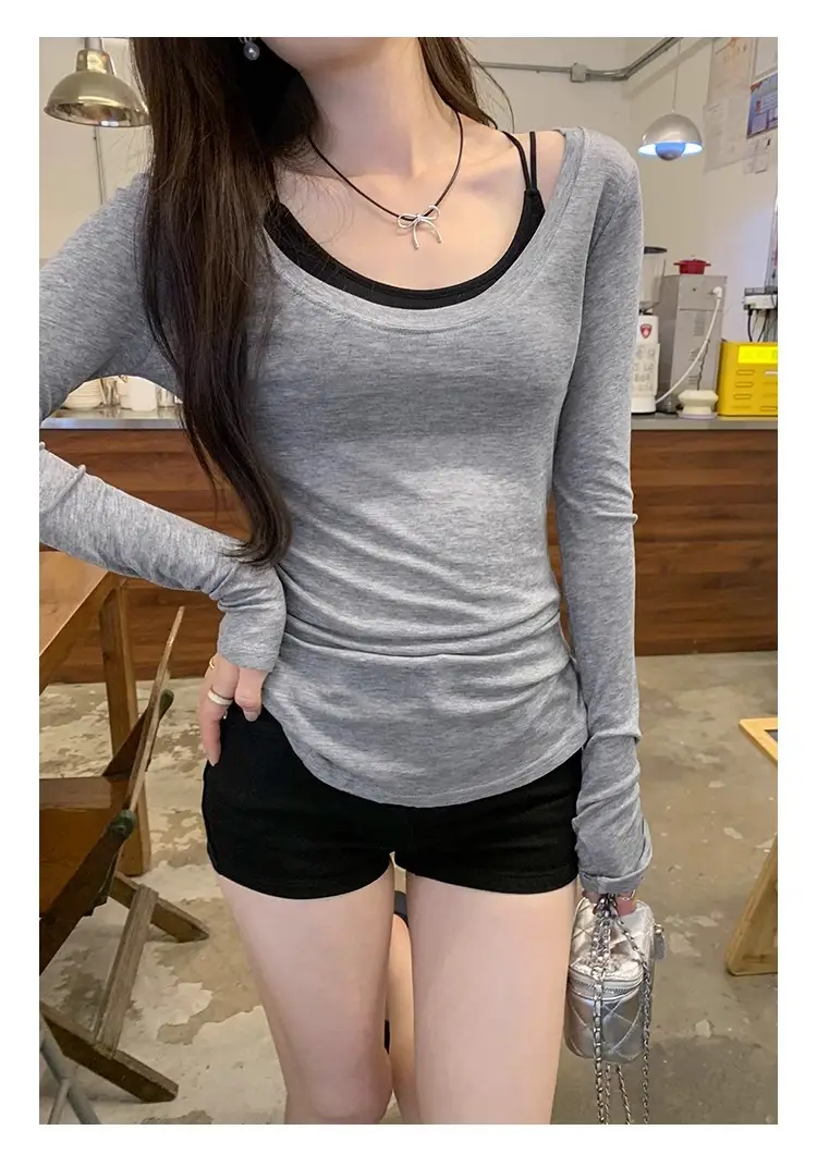 Tencel Skin-Friendly White Low Round Neck Bottoming Shirt Pure Lust Sexy Long-Sleeved T-Shirt Women's Autumn New Slim Inner Top — feature 12