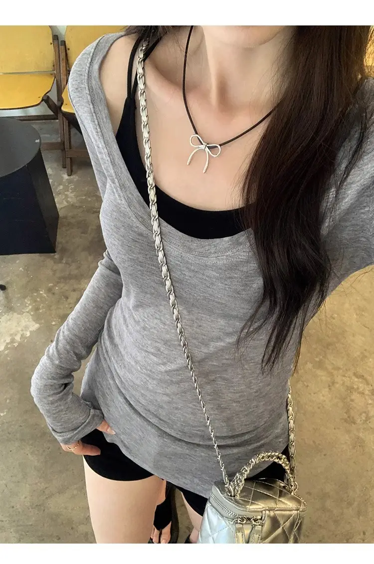 Tencel Skin-Friendly White Low Round Neck Bottoming Shirt Pure Lust Sexy Long-Sleeved T-Shirt Women's Autumn New Slim Inner Top — feature 15