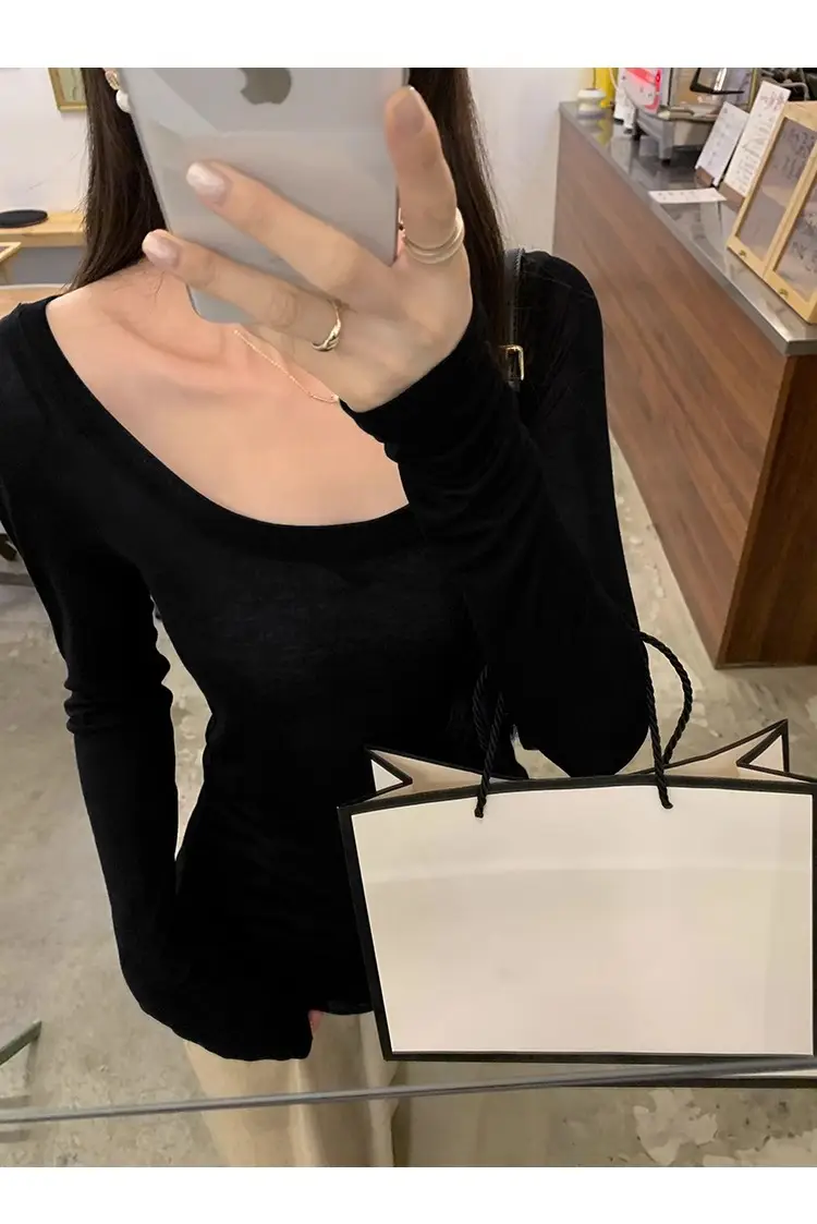 Tencel Skin-Friendly White Low Round Neck Bottoming Shirt Pure Lust Sexy Long-Sleeved T-Shirt Women's Autumn New Slim Inner Top — feature 17