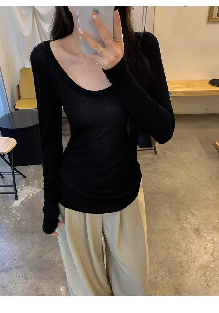 Tencel Skin-Friendly White Low Round Neck Bottoming Shirt Pure Lust Sexy Long-Sleeved T-Shirt Women's Autumn New Slim Inner Top — feature 19