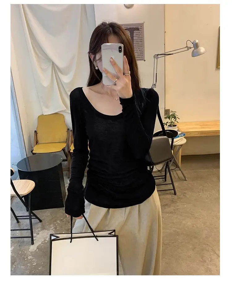 Tencel Skin-Friendly White Low Round Neck Bottoming Shirt Pure Lust Sexy Long-Sleeved T-Shirt Women's Autumn New Slim Inner Top — feature 21