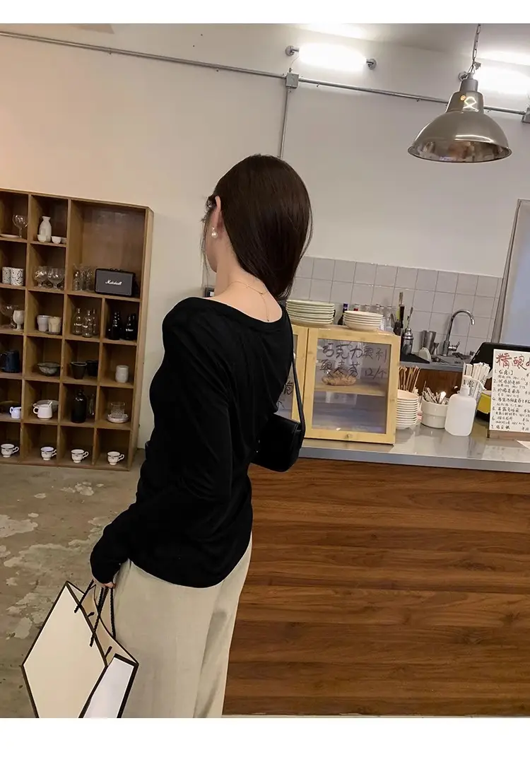 Tencel Skin-Friendly White Low Round Neck Bottoming Shirt Pure Lust Sexy Long-Sleeved T-Shirt Women's Autumn New Slim Inner Top — feature 22